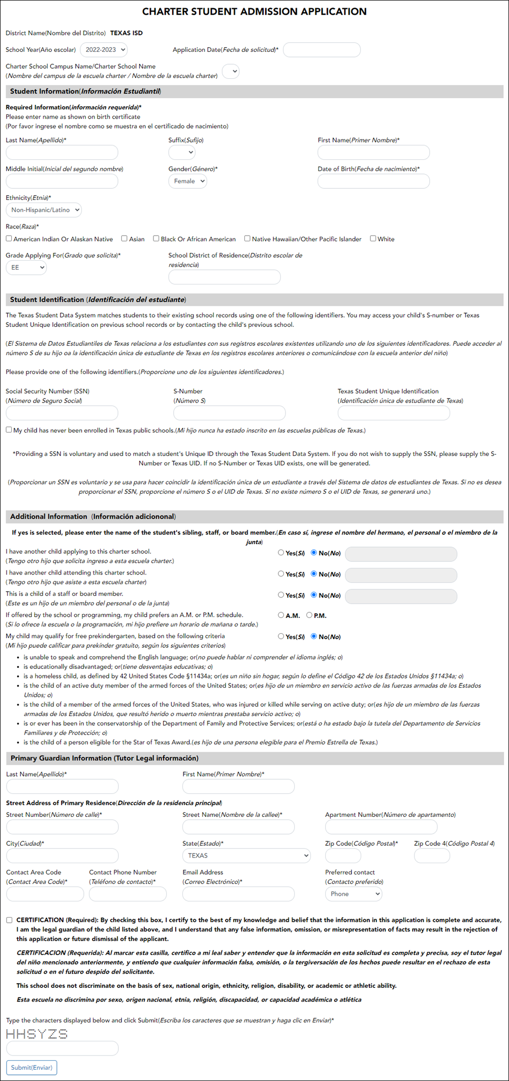 Charter School Admission Application Charter School Admission Application