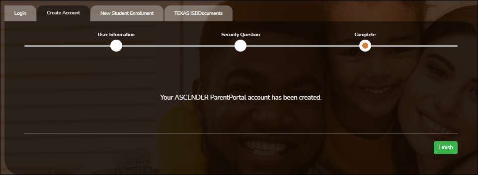 Create Account - finish page Create Account - finish page