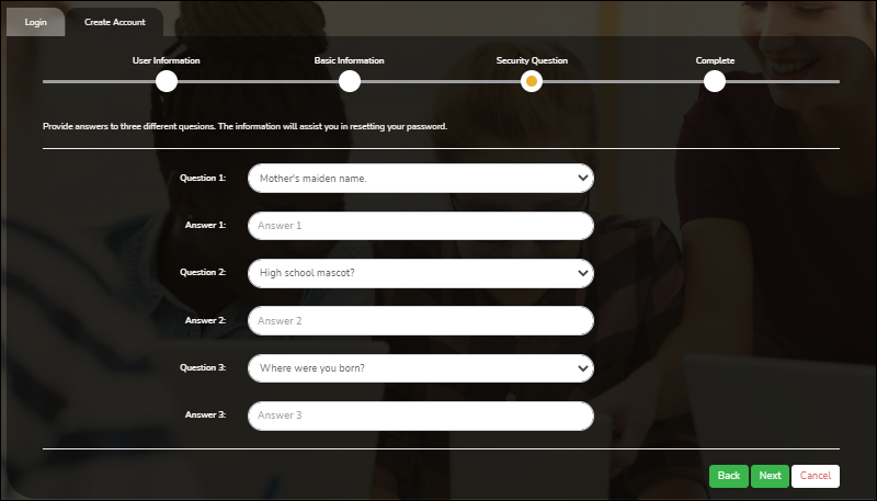 Create Account Security Questions Create Account Security Questions
