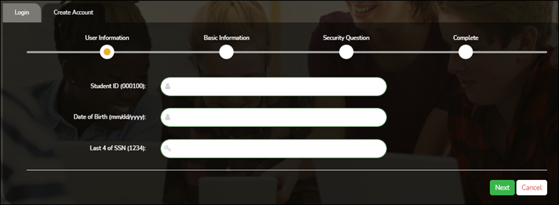 Create Account User Information Create Account User Information